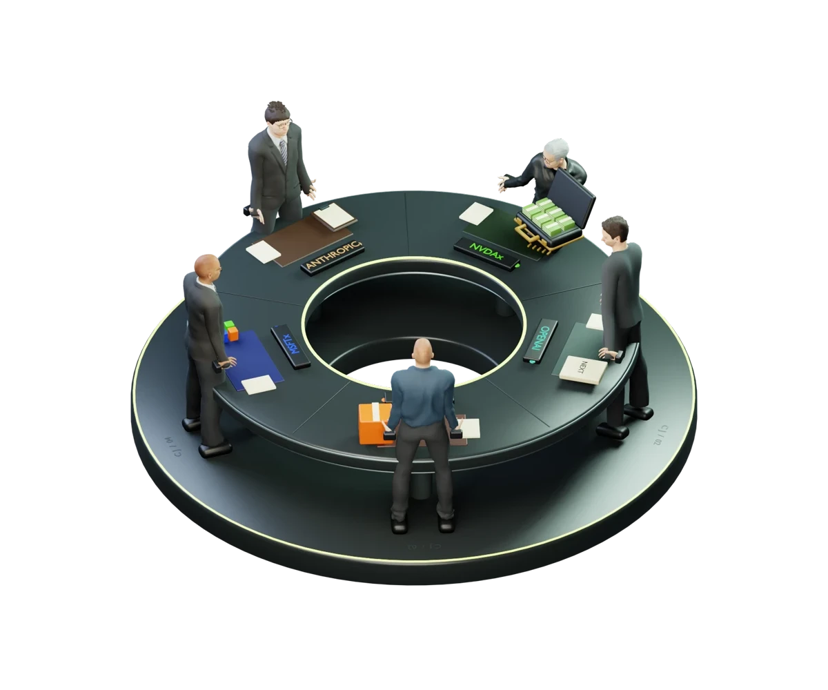 Blender likenesses of Jensen Huang, Sam Altman, Jeff Bezos, Satya Nadella and Dario Amodei passing a briefcase around a circular table